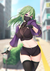  akira_(sayo_dayoo) black_gloves black_shorts black_thighhighs blurry blurry_background bracelet breasts cowboy_shot female genshin_impact gloves green_hair hair_between_eyes highres jacket jewelry kuki_shinobu large_breasts long_hair long_sleeves mask mouth_mask nail_polish navel necklace outdoors purple_eyes purple_jacket purple_nails short_shorts shorts solo thigh_gap thighhighs thighs 