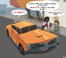  anthro big_bun_burgers black_body black_fur car clothing dale_(ponehanon) dialogue domestic_cat english_text felid feline felis female fur general_motors group lagomorph leporid male mammal necktie pontiac rabbit roly roly_(roly) sweater text topwear trio vehicle 