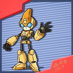  1:1 2019 adam_calloway ambiguous_gender blue_background blue_eyes brown_body brown_skin emerl gizoid horn humanoid machine not_furry orange_body orange_skin red_background robot sega signature simple_background solo sonic_the_hedgehog_(series) standing yellow_body 