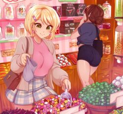  2girls artist_name ass bag black_shirt black_shorts blonde_hair borrowed_character brown_hair candy candy_hair_ornament earrings english_text ferrero food food-themed_hair_ornament hair_bun hair_ornament hairclip highres indoors jacket jar jewelry kinder_surprise lollipop long_sleeves merunyaa multiple_girls original pink_shirt plaid plaid_skirt sammy_(bestsammy) shirt short_hair shorts shoulder_bag signature single_hair_bun skirt sweets swirl_lollipop tied_shirt watermark yellow_eyes 