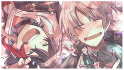  2boys abstract_background black_choker black_hair black_hakama black_jacket blush border brown_hair buttons cherry_blossoms choker close-up closed_eyes commentary earrings flower grey_eyes grey_shirt hakama hakama_skirt hand_up highres holding holding_flower hood hoodie jacket japanese_clothes jewelry kaida_haru lying multicolored_hair multiple_boys nijisanji open_mouth outdoors petals red_hair saegusa_akina shirt short_hair skirt streaked_hair suzuki_yui tassel tassel_earrings virtual_youtuber white_hoodie 