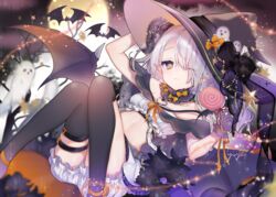  asymmetrical_legwear bare_shoulders bare_tree black_bow black_capelet black_hat black_legwear black_wings bloomers blurry blurry_background bow breasts brown_eyes candy capelet closed_mouth commentary_request curled_horns demon_girl demon_horns demon_wings depth_of_field female food full_moon gloves hair_over_one_eye halloween hat hat_bow holding holding_candy holding_food holding_lollipop horns lollipop long_hair moon one_eye_closed orange_bow original pointy_ears purple_gloves signature small_breasts solo swirl_lollipop thighhighs tree underwear uneven_legwear white_bloomers white_hair wings witch_hat yukimiya_yuge 