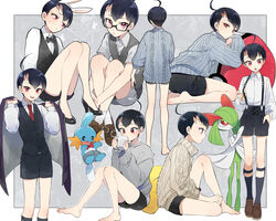  1boy ahoge bad_id bad_pixiv_id bare_legs barefoot black-framed_eyewear black_bow black_bowtie black_footwear black_hair black_shorts black_vest bow bowtie brendan_(pokemon) brown_footwear collared_shirt commentary_request cushion glasses grey_sweater high_heels highres jacket kirlia long_sleeves looking_at_viewer male_focus mudkip multiple_views necktie open_mouth pokemon pokemon_(creature) pokemon_adventures red_eyes red_necktie scar scar_on_face scar_on_forehead shirt shoes short_hair shorts sitting smile socks suspender_shorts suspenders sweater toes vest white_shirt yukin_(es) 