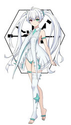  absurdres ahoge armlet asymmetrical_legwear bodysuit breasts closed_mouth dress female full_body green_eyes green_nails hair_ornament heterochromia highres long_hair luna:_laurel_(wispthorn)_(punishing:_gray_raven) luna_(punishing:_gray_raven) medium_breasts ningmengege punishing:_gray_raven red_eyes spiked_armlet spiked_thighlet thighhighs twintails white_background white_bodysuit white_dress white_hair white_thighhighs 