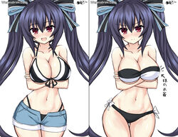  absurdres alternate_breast_size alternate_costume bare_shoulders bikini black_bikini black_hair blush breasts cleavage closed_mouth collarbone commentary_request cowboy_shot female hair_between_eyes hair_ornament hair_ribbon highres large_breasts long_hair looking_at_viewer multiple_views navel neptune_(series) noire_(neptunia) open_mouth partial_commentary red_eyes ribbon shorts sideboob smile standing swimsuit translation_request twintails underboob very_long_hair watermark web_address weresdrim 