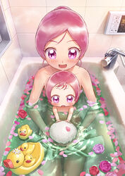  2girls :d baby bathroom bathtub blush collarbone commentary hanasaki_futaba hanasaki_tsubomi heartcatch_precure! highres itou_shin&#039;ichi multiple_girls nude open_mouth parted_bangs pink_eyes pink_hair precure same-sex_bathing shared_bathing shiny_skin short_hair siblings sisters smile towel_bubble 