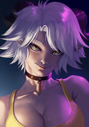  bare_shoulders bell black_choker black_horns blonde_hair borrowed_character breasts choker cleavage demon_girl demon_horns female head_tilt horns large_breasts looking_at_viewer neck_bell original pointy_ears portrait short_hair simple_background smile solo susan_(rakeemspoon) yellow_eyes zetman92 