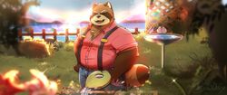  2022 anthro baw0sox bottomwear brown_body canid canine closed_eyes clothing detailed_background hi_res humanoid_hands kemono male mammal outside overweight overweight_male pants raccoon_dog shirt solo suspenders tanuki topwear water 