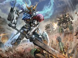  absurdres battle box_art fake_box_art firing garm_rodi glowing glowing_eye graze_(mobile_suit) gun gundam gundam_barbatos gundam_barbatos_lupus gundam_tekketsu_no_orphans highres holding holding_gun holding_sword holding_weapon looking_down mecha no_humans open_hand robot science_fiction solo_focus sword textless_version v-fin weapon zen_(jirakun) 