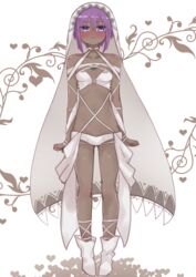  :i altera_(fate) altera_(fate)_(cosplay) altera_(lostroom_outfit)_(fate) altera_(lostroom_outfit)_(fate)_(cosplay) bare_shoulders blush boots breasts closed_mouth collarbone commentary_request cosplay cosplay_request dark-skinned_female dark_skin fate/grand_order fate/prototype fate/prototype:_fragments_of_blue_and_silver fate_(series) female hair_between_eyes hassan_of_serenity_(fate) heart highres i.u.y navel nose_blush purple_eyes purple_hair small_breasts solo standing veil very_dark_skin wavy_mouth white_background white_footwear 