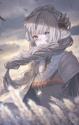  aky_ami animal_ears blue_eyes blush braid cloud commentary day female grey_hair jewelry long_hair looking_at_viewer necklace original outdoors sky solo standing symbol-only_commentary tassel wheat wheat_field 