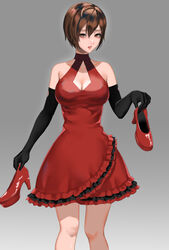  bare_shoulders black_gloves breasts brown_eyes brown_hair cleavage cleavage_cutout clothing_cutout collarbone commentary dress elbow_gloves female frilled_dress frills gloves grey_background hair_between_eyes high_heels highres holding holding_shoes looking_to_the_side medium_breasts meiko_(vocaloid) meriko parted_lips project_diva_(series) red_dress red_footwear red_lips scarlet_(module) shiny_footwear shoes short_hair solo standing unworn_shoes vocaloid 