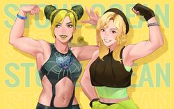  2girls armpits black_hair blonde_hair blue_eyes blue_hair blunt_bangs blush braid braided_bun braided_ponytail brooch cone_hair_bun double_bun fairouz_ai green_eyes green_hair hair_bun halterneck highres jewelry jojo_no_kimyou_na_bouken kujo_jolyne lipstick looking_at_viewer makeup midriff multicolored_hair multiple_girls muscular muscular_female photo-referenced piercing real_life stone_ocean tattoo twin_braids twintails two-tone_hair ultracat voice_actor 