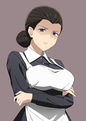  apron black_shirt breast_lift brown_background crossed_arms female frown hair_bun hair_pulled_back isabella_(yakusoku_no_neverland) lizta long_sleeves looking_at_viewer purple_eyes shirt simple_background single_hair_bun solo standing upper_body yakusoku_no_neverland 