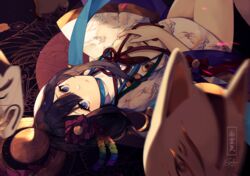  bad_id bad_pixiv_id black_hair blue_eyes blurry commentary_request depth_of_field dress female flower fox_mask hair_flower hair_ornament knees_up long_hair long_sleeves looking_at_viewer lying mask menreiki noh_mask on_back onmyoji print_dress rainbow_order ring_hair_ornament saika_ryougi short_dress solo unworn_mask 