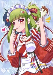  badge beatmania_iidx belt bemani blunt_bangs breasts brown_eyes button_badge carrot_hair_ornament character_name chocolate_on_hand cleavage english_text eyelashes female food-themed_hair_ornament food_on_hand green_hair hair_ornament heart high_ponytail highres hishimiya_tsugaru holding holding_spatula large_breasts licking long_sleeves maid_headdress neckerchief partyanthem ponytail rabbit_hair_ornament red_neckerchief ribbon sidelocks solo spatula spoken_heart striped striped_ribbon 