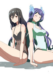  2girls absurdly_long_hair back-to-back black_hair black_one-piece_swimsuit blue_hair breasts brighid_(water_lily)_(xenoblade) brighid_(xenoblade) brown_eyes cleavage cleavage_cutout closed_eyes closed_mouth clothing_cutout collarbone facing_viewer green_one-piece_swimsuit kageyasu long_hair looking_at_viewer looking_back medium_breasts morag_ladair_(obligatory_leave)_(xenoblade) morag_ladair_(xenoblade) multiple_girls one-piece_swimsuit purple_hair shadow simple_background sitting small_breasts smile swimsuit very_long_hair white_background xenoblade_chronicles_(series) xenoblade_chronicles_2 