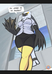  2018 absurd_res accipitriform aggretsuko anthro avian beak big_breasts bird bottomwear breasts clipboard closed_eyes clothed clothing curvy_figure dialogue doorway english_honorific english_text feathers female furgonomics grey_body grey_feathers hi_res holding_clipboard holding_object honorific letterbox low-angle_view multicolored_body multicolored_feathers non-mammal_breasts office pencil_skirt sanrio secretary_bird secretary_washimi skirt solo speech_bubble styledfawn476 tail tail_feathers tail_through_skirt text thick_thighs white_body white_feathers wide_hips worm&#039;s-eye_view yellow_body yellow_feathers 