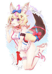  :3 ace_(playing_card) ace_of_spades ahoge animal_ear_fluff animal_ears arm_garter bare_legs barefoot black_hair blonde_hair blue_bow blue_nails bow breasts bridal_garter card facial_mark female fox_ears fox_girl fox_tail gloves hair_ornament hairbow highres holding holding_card hololive medium_breasts medium_hair multicolored_hair multicolored_nails nail_polish official_alternate_hair_length official_alternate_hairstyle omaru_polka one-piece_swimsuit pink_hair playing_card purple_eyes red_gloves red_nails red_ribbon ribbon solo spade_(shape) streaked_hair swimsuit tail tail_raised toenail_polish toenails virtual_youtuber white_one-piece_swimsuit x_hair_ornament yami_ara 