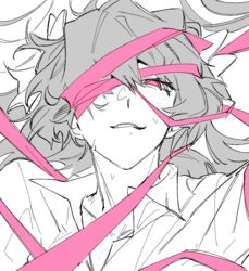  bad_id bad_twitter_id body_freckles bow collarbone collared_shirt e.g.o_(project_moon) female freckles hairbow ishmael_(project_moon) limbus_company long_hair looking_at_viewer messy_hair monochrome one_eye_covered open_collar parted_lips pink_eyes pink_ribbon pink_shoes_(project_moon) project_moon ribbon shirt snag_harpoon solo spot_color sweat 