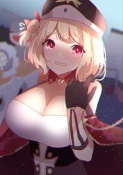  absurdres azur_lane bare_shoulders blonde_hair blush breasts cleavage coat female gloves hair_bun hat highres large_breasts leipzig_(azur_lane) red_eyes short_hair side_ponytail single_hair_bun sleeveless solo yamaha_tsui 