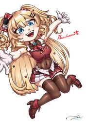  absurdres akai_haato blonde_hair blue_eyes bow breasts brown_thighhighs character_name commentary cosplay covered_navel cropped_jacket female gloves hair_ornament hairbow heart heart_hair_ornament high_heels highres hololive houshou_marine houshou_marine_(1st_costume) houshou_marine_(cosplay) jacket jqhnharqld large_breasts leotard leotard_under_clothes long_hair miniskirt outstretched_arms pleated_skirt red_jacket red_skirt signature skirt sleeveless sleeveless_jacket solo thighhighs two_side_up very_long_hair virtual_youtuber white_gloves 