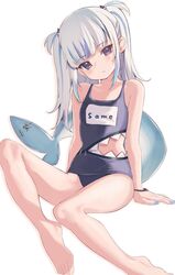  blue_eyes blue_nails clothing_cutout feet female fish_tail flat_chest gawr_gura grey_hair hair_ornament highres hololive hololive_english kanae_(inorin05kanae) looking_at_viewer multicolored_hair name_tag one-piece_swimsuit romaji_text shark_hair_ornament shark_tail sharkini simple_background solo streaked_hair swimsuit tail tied_hair virtual_youtuber white_background wristband 