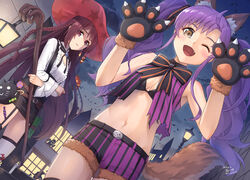  2girls animal animal_ears bat blush bow braids brown_eyes brown_hair building candy clouds cosplay ensemble_girls! garter_belt halloween hat navel night oerba_yun_fang ougi_koharu pumpkin purple_hair red_eyes sarasa_(kanbi) segawa_kaede signed sky tail thighhighs twintails wink witch witch_hat wolfgirl 