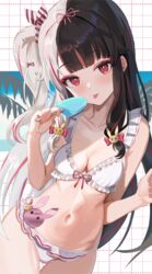  :p absurdres bikini black_hair blunt_bangs blush breasts female food frilled_bikini frills gari_gari-kun grey_hair hair_ornament head_tilt highres hijikata_toshizou_(mibu_makoto) long_hair looking_at_viewer multicolored_hair navel nijisanji one_side_up popsicle rabbit_hair_ornament red_eyes ribbon smile solo split-color_hair stomach streaked_hair swimsuit tongue tongue_out very_long_hair virtual_youtuber white_bikini yorumi_rena yorumi_rena_(7th_costume) 