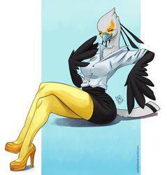  2018 accipitriform aggretsuko anthro avian beak bird bottomwear breasts closed_eyes clothing crossed_legs female footwear furgonomics high_heels markings mole_(marking) non-mammal_breasts office_lady pencil_skirt sanrio secretary_bird secretary_washimi sitting skirt solo tail tail_through_skirt text url zwitterkitsune 