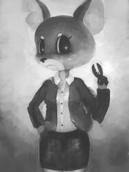  3:4 anthro cervine clothing deer female hasukii hi_res mammal monochrome nikita_perovskia office_clothing pupils scissors simple_background solo spots standing the_testimony_of_trixie_glimmer_smith unfinished white_background white_spots 