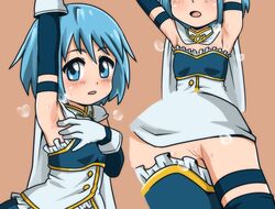  armpit_crease armpits bad_id bad_multiple_views bad_twitter_id blue_hair cape female gloves looking_at_viewer magical_girl mahou_shoujo_madoka_magica mahou_shoujo_madoka_magica_(anime) medium_hair miki_sayaka miki_sayaka_(magical_girl) multiple_views open_mouth simple_background strapless sweat yuuya_(blue_scarab) 