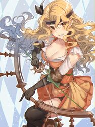  black_gloves black_headband black_thighhighs blonde_hair bow_(weapon) breasts brigid_(fire_emblem) brigid_(pirate)_(fire_emblem) brown_eyes cleavage female fire_emblem fire_emblem:_genealogy_of_the_holy_war fire_emblem_heroes gloves grin haru_(nakajou-28) headband highres holding holding_bow_(weapon) holding_weapon long_hair smile solo thighhighs weapon 