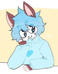  anthro awkwardjupiter blue_eyes blue_hair canid canine canis clothing domestic_dog femboy garreth_(thedgamesd) hair head_on_hand husky male mammal nordic_sled_dog simple_background solo spitz sweater topwear 