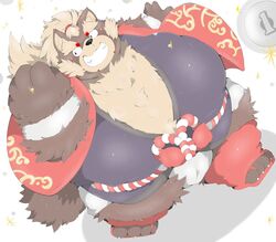  2021 anthro asian_clothing belly black_nose brown_body brown_fur canid canine clothing east_asian_clothing fur goemon_(tas) japanese_clothing kemono lifewonders male mammal obese obese_male overweight overweight_male poketalesof raccoon_dog simple_background solo tanuki tokyo_afterschool_summoners white_background 