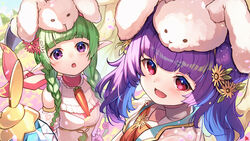  2girls :d :o animal_ears blunt_bangs blush braid choker easter fake_animal_ears fire_emblem fire_emblem:_the_sacred_stones fire_emblem_awakening fire_emblem_heroes green_hair hair_ornament highres multiple_girls myrrh_(fire_emblem) myrrh_(spring)_(fire_emblem) nah_(fire_emblem) nah_(spring)_(fire_emblem) nakabayashi_zun official_alternate_costume open_mouth pointy_ears purple_eyes purple_hair rabbit_ears red_eyes smile twin_braids twintails 