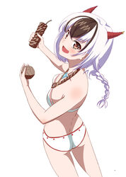  :d ass back bikini braid braided_ponytail breasts brown_eyes brown_hair cleavage crossette_(xenoblade) female food holding holding_food horns jewelry kageyasu long_hair looking_at_viewer looking_back multicolored_hair necklace open_mouth simple_background smile solo strapless strapless_bikini streaked_hair swimsuit two-tone_hair white_background white_bikini white_hair xenoblade_chronicles_(series) xenoblade_chronicles_2 