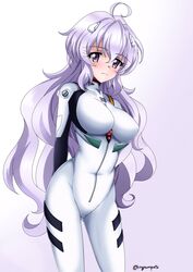  ahoge arms_behind_back ayanami_rei ayanami_rei_(cosplay) bodysuit breasts closed_mouth cosplay female grey_bodysuit grey_hair hair_between_eyes headgear highres kyomeihibiki large_breasts long_hair neon_genesis_evangelion plugsuit purple_eyes purple_hair senki_zesshou_symphogear senki_zesshou_symphogear_xd_unlimited yukine_chris_(another) 