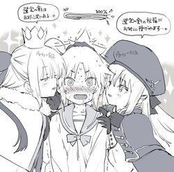  ... 3girls artoria_caster_(fate) artoria_caster_(second_ascension)_(fate) artoria_caster_(third_ascension)_(fate) artoria_pendragon_(fate) blush collarbone commentary_request crown drooling dual_persona fangs fate/grand_order fate_(series) father_and_son gameplay_mechanics girl_sandwich gloves greyscale hat heart long_hair long_sleeves looking_at_another looking_at_viewer monochrome mordred_(fate) mordred_(swimsuit_rider)_(fate) mordred_(swimsuit_rider)_(second_ascension)_(fate) mozu_(peth) multiple_girls open_mouth ponytail saliva sandwiched sweat translated trembling upper_body yuri 