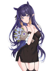  absurdres black_dress black_thighhighs bouquet bow breasts cleavage covered_navel dress english_commentary evangellium female garter_straps highres hololive hololive_english light_blush long_hair looking_at_another medium_breasts ninomae_ina&#039;nis pointy_ears purple_eyes smile solo strapless strapless_dress takodachi_(ninomae_ina&#039;nis) tentacle_hair thighhighs thighs virtual_youtuber white_background white_bow 