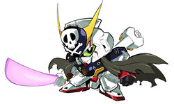  beam_saber chibi clenched_hands cloak crossbone_gundam crossbone_gundam_x-1 green_eyes gundam highres holding holding_sword holding_weapon looking_at_viewer mecha no_humans pillar_buster robot science_fiction skull_and_crossbones solo sword v-fin weapon 