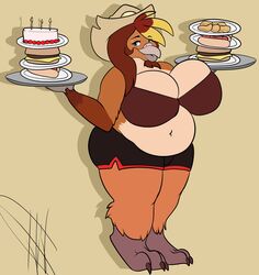  2018 3_toes absurd_res anthro avian avian_feet beak belly big_belly big_breasts biped bird black_claws blonde_hair blue_eyes bottomwear bra breasts brown_body brown_feathers brown_hair burger cake chicken claws cleavage clothed clothing cowboy_hat curvy_figure dessert digital_media_(artwork) digitigrade eyelashes feathers feet female flat_colors food front_view galliform gallus_(genus) grey_background grey_beak grey_tongue hair hat headgear headwear hi_res holding_object holding_plate hot_dog hotpants huge_breasts looking_at_viewer midriff multicolored_hair navel non-mammal_breasts overweight overweight_anthro overweight_female phasianid scutes shorts simple_background skimpy solo standing tan_body tan_feathers thelildino thick_thighs toe_claws toes tongue tongue_out underwear voluptuous wide_hips ysabelle_kentuck 