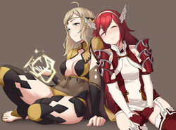  2girls ahoge bbk_(13zk) blonde_hair breasts caeldori_(fire_emblem) circlet closed_eyes english_commentary feet fire_emblem fire_emblem_fates grey_eyes hairband long_hair lying_on_person medium_breasts multiple_girls ophelia_(fire_emblem) red_hair sandals smile stirrup_legwear thighs toeless_footwear toeless_legwear toes 