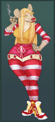  absolute_territory anthro blonde_hair blue_border bones_(deermary) boots border bottomwear cigarette clothing clown clown_makeup deermary female footwear garter_straps hair hi_res high_heeled_boots high_heels hyena legwear long_hair mammal mcdonald&#039;s pattern_clothing shorts smoke smoking solo squish striped_clothing stripes thick_thighs thigh_highs thigh_squish wide_hips yellow_eyes 