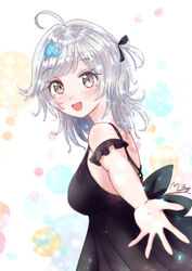  ahoge alternate_costume azur_lane black_dress blush breasts commentary dress female fish_hair_ornament grey_eyes grey_hair hair_ornament m_ko_(maxft2) open_mouth seattle_(azur_lane) short_hair signature sleeveless smile solo 