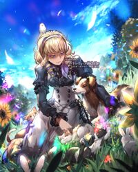  bird blonde_hair blue_eyes blue_sky canine closed_mouth cloud constance_von_nuvelle day feathers feline female fire_emblem fire_emblem:_three_houses flower garreg_mach_monastery_uniform grass hairband long_sleeves multicolored_hair outdoors paula_biedma purple_hair short_hair sitting sky solo sunflower twitter_username uniform 