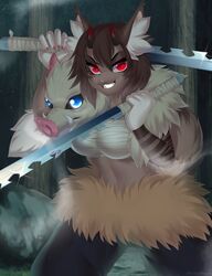  2020 anthro blue_eyes breasts clothed clothing demon_slayer digital_media_(artwork) felid feline female hi_res holding_melee_weapon holding_object holding_sword holding_weapon horn inosuke_hashibira kimetsu_no_yaiba mammal melee_weapon midriff navel red_eyes smile sword weapon weeniewonsh 