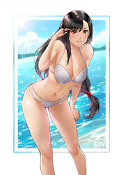  bare_shoulders bent_over bikini black_hair breasts cleavage day earrings exv feet_out_of_frame female final_fantasy final_fantasy_vii hair_between_eyes highres jewelry large_breasts long_hair looking_at_viewer low-tied_long_hair midriff navel outdoors parted_lips photoshop_(medium) red_eyes sleeveless solo stomach swimsuit teeth tifa_lockhart water 