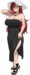  bad_id bad_twitter_id black_dress breasts character_request cleavage copyright_request dress feet female full_body hat highres jewelry large_breasts long_hair mole mole_on_breast necklace pointy_ears red_eyes red_hair sandals saru_(monkey_magic3) simple_background solo thighs white_background white_hat 