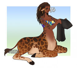  bra breasts clothing dark_body dark_skin female fur giraffe giraffe_taur giraffid giraffid_taur green_eyes hooves horn mammal mammal_taur markings ossicone sitting solo spots spotted_body spotted_fur sweetburn tail tail_tuft taur tuft underwear 